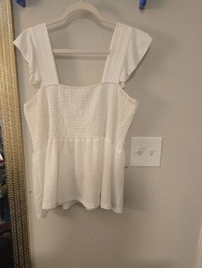 White Smocked Peplum Tank with Flutter Straps